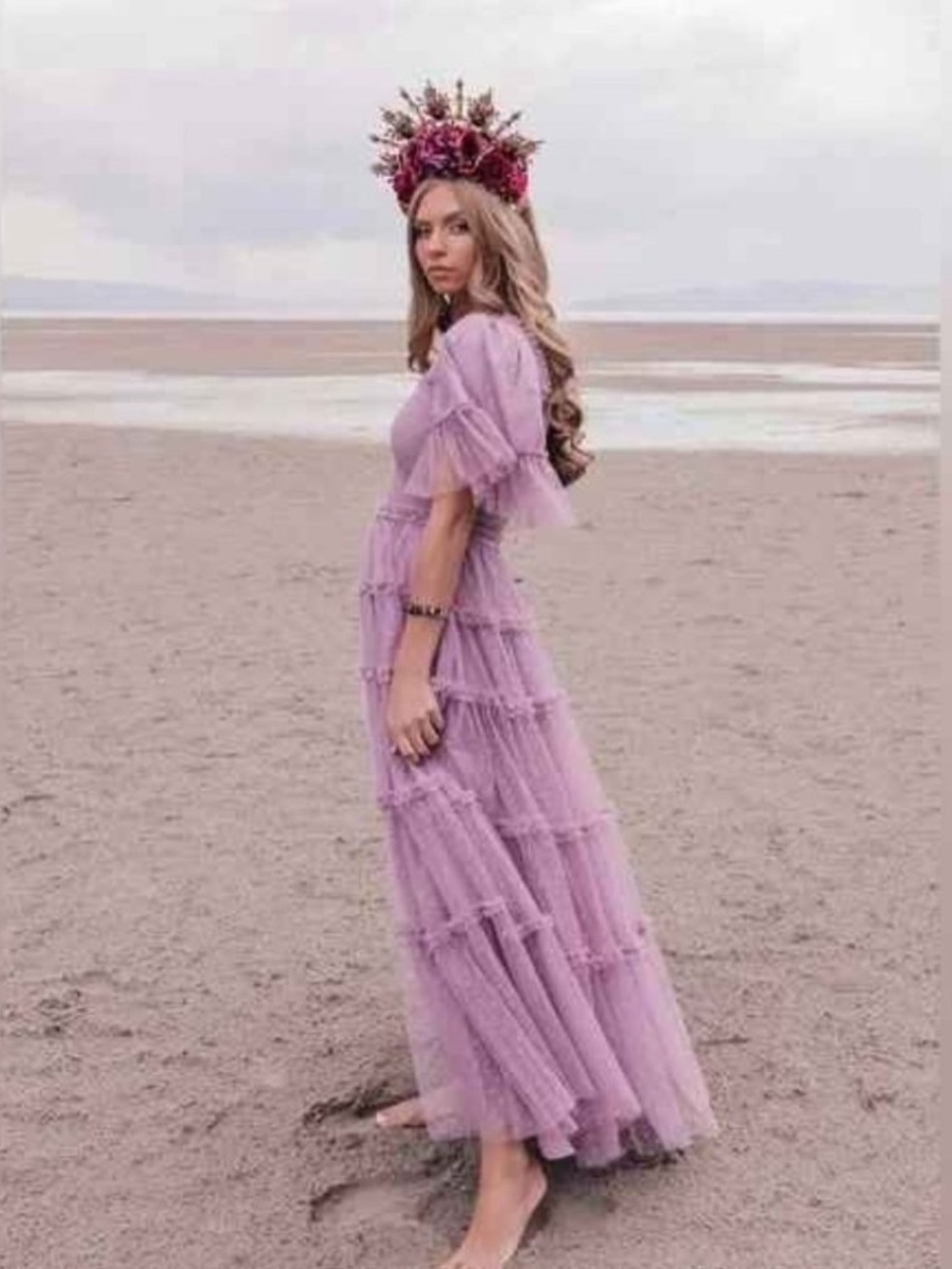 Jessakae Dress Senna Tiered Tulle Maxi Smocked Lavender Mist Ethereal Large